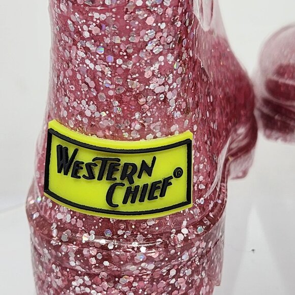 Western Chief Kids Size 5 Pink Confetti Shimmer Glitter Light Up Rain Boots - Picture 5 of 7